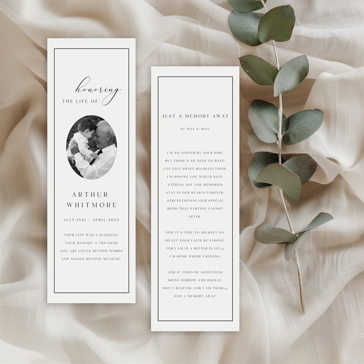 Elegant Memorial Bookmark — print size and layout preview