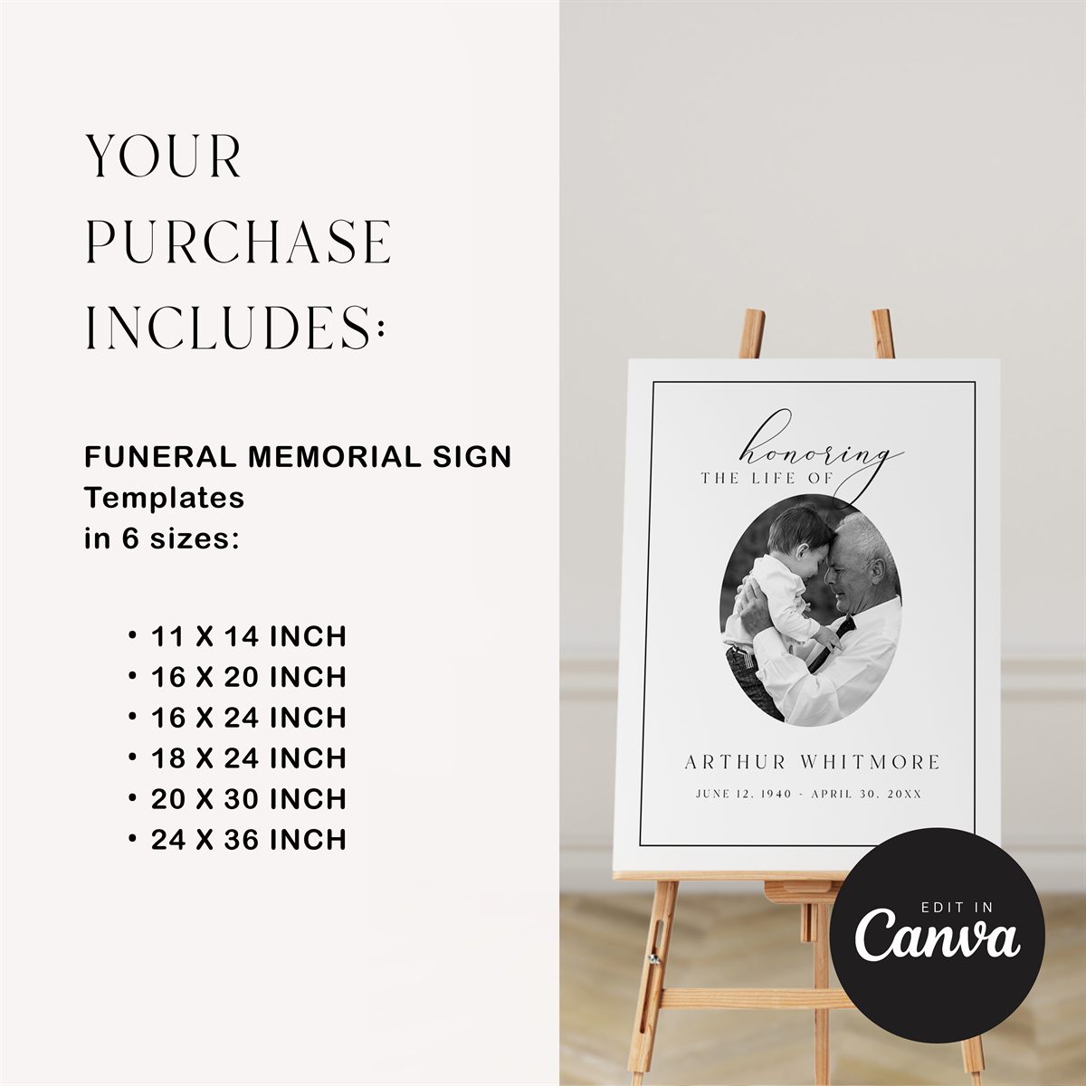 Funeral Memorial Sign — Canva editor view