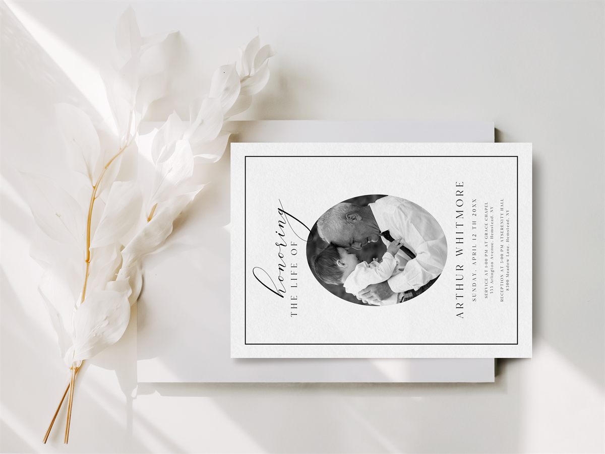 Elegant Funeral Invitation — print size and layout preview